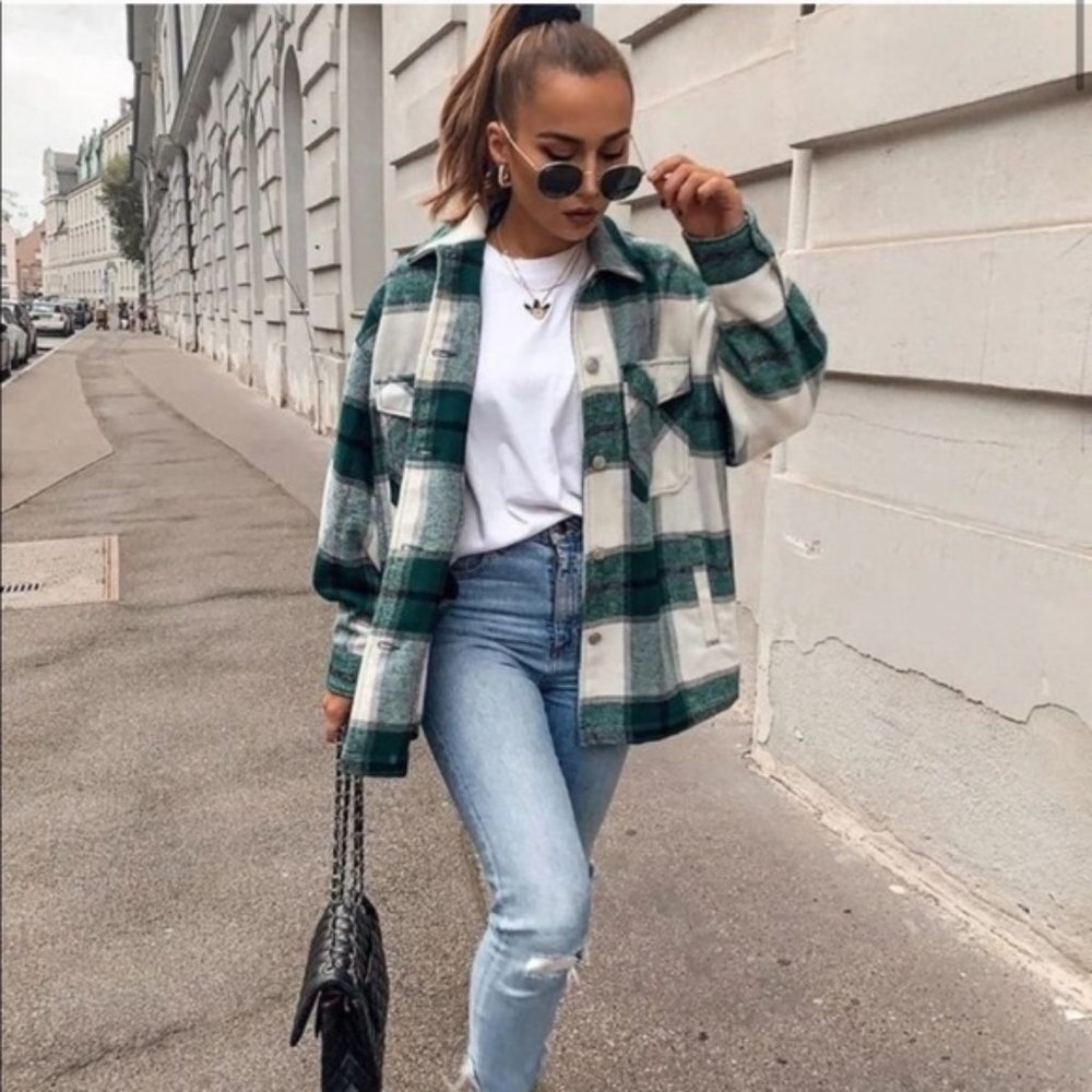New Plaid Stripe Oversized Flannel Shirt Shacket - Picture 7 of 11
